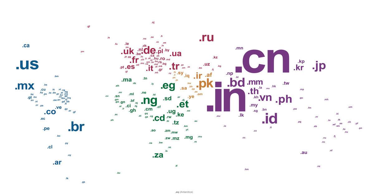 World map of ccTLDs by country population, courtesy of www.bytelevel.com