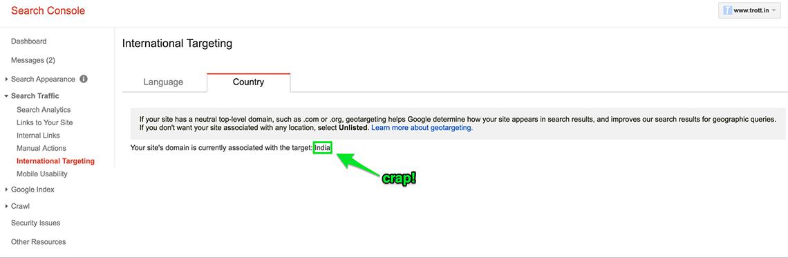 Google Search Console offers no geographic targeting option for the Trott.in ccTLD